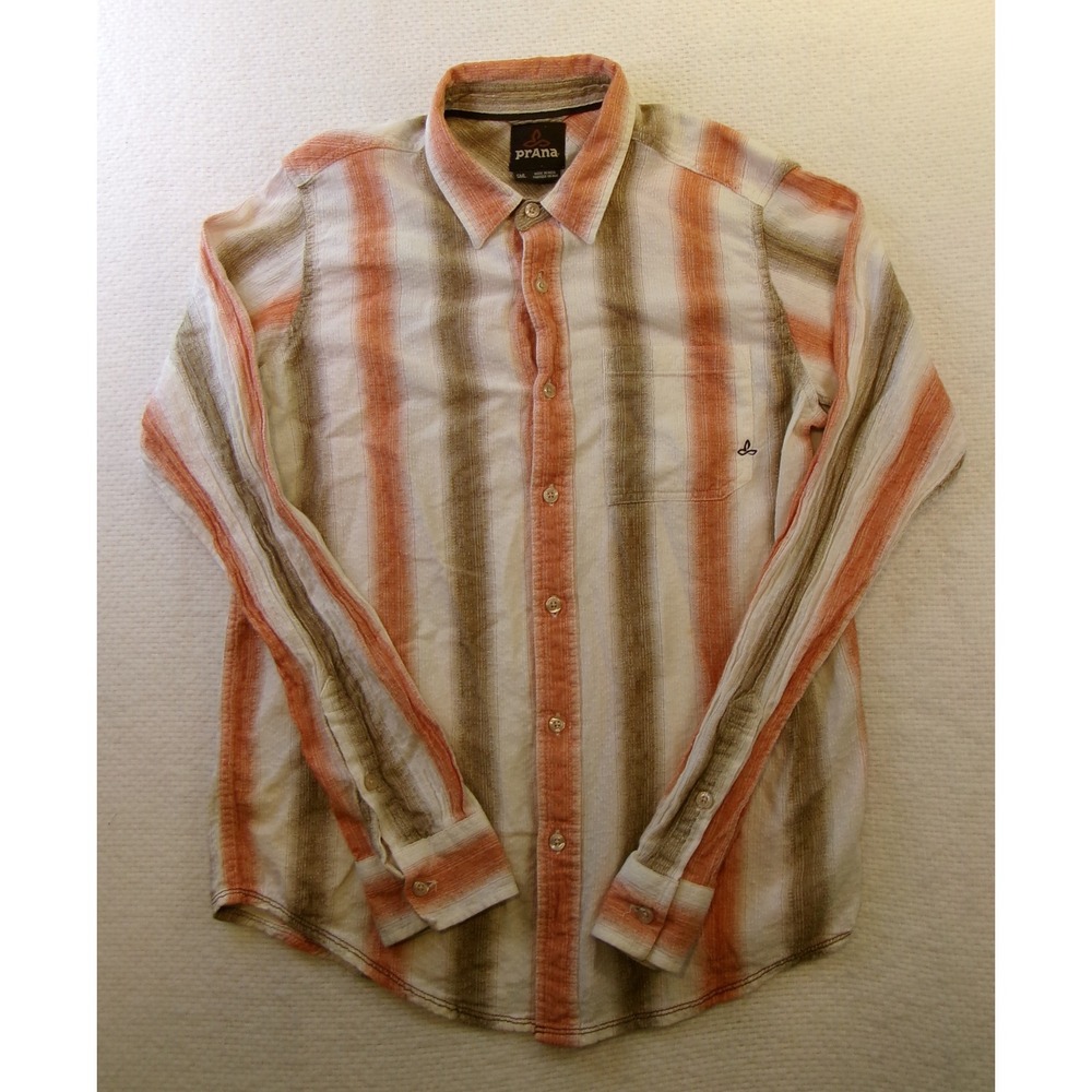 Prana Breathe Mens Small Orange Tan Striped Cotton Button Down Shirt RN124977
